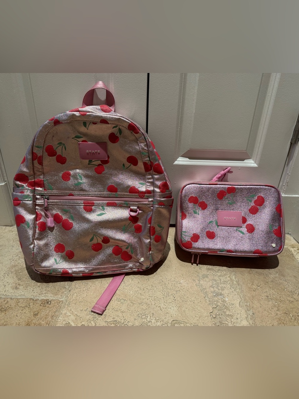 State Kids Kane Metallic Cherry Print Pink Backpack and Lunch Bag Set
